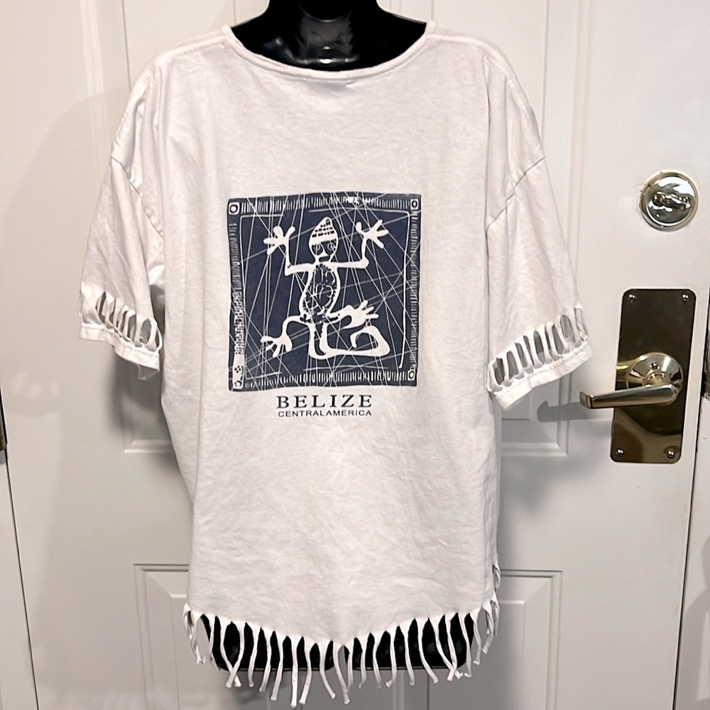 🔴CLEARANCE BELIZE COTTON WHITE/BLUE LIZARD GECKO CUT-OUT FRINGED TSHIRT Women 2X